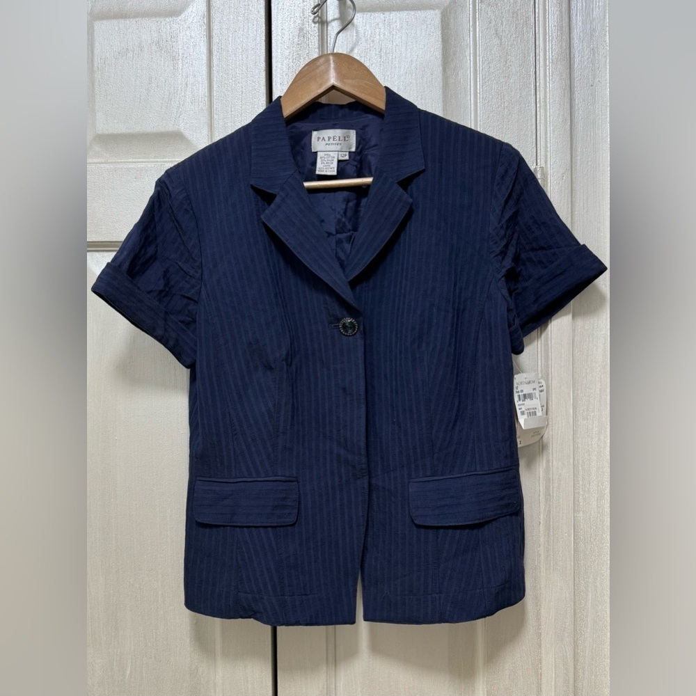 Nordstrom Adrianna Papell Size 12P Navy Blue Pinstripe Short-Sleeved Blazer